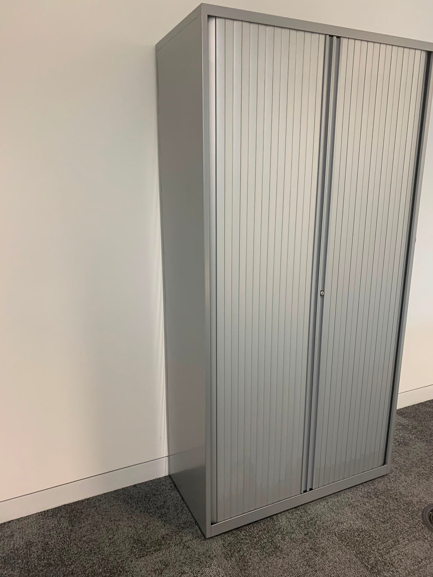 Preowned Tambour Grey Metal Double Rolling Doors Office storage 195.5cm h 100cm w 47cm d