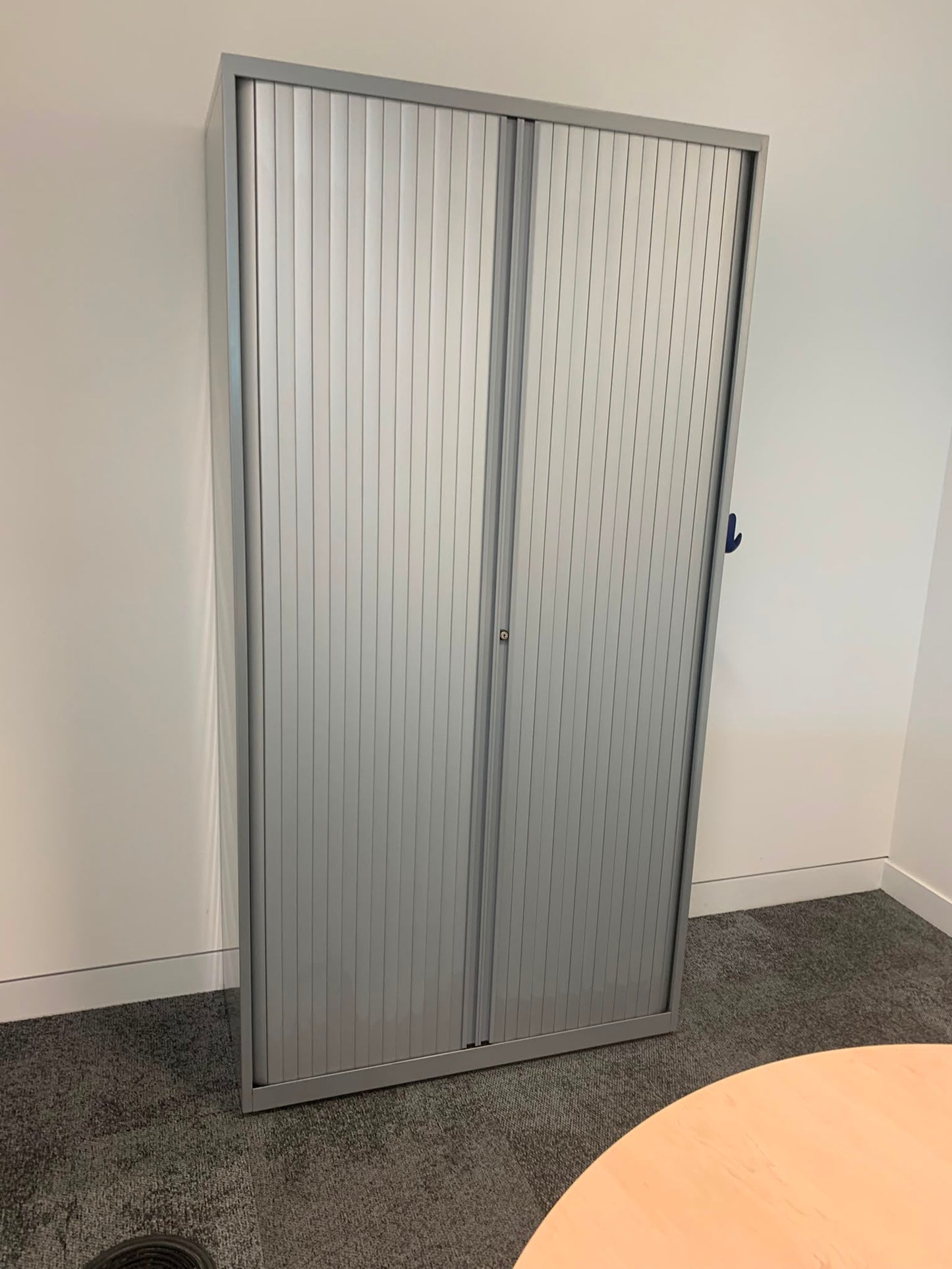 Preowned Tambour Grey Metal Double Rolling Doors Office storage 195.5cm h 100cm w 47cm d