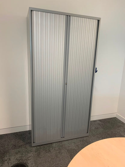 Preowned Tambour Grey Metal Double Rolling Doors Office storage 195.5cm h 100cm w 47cm d