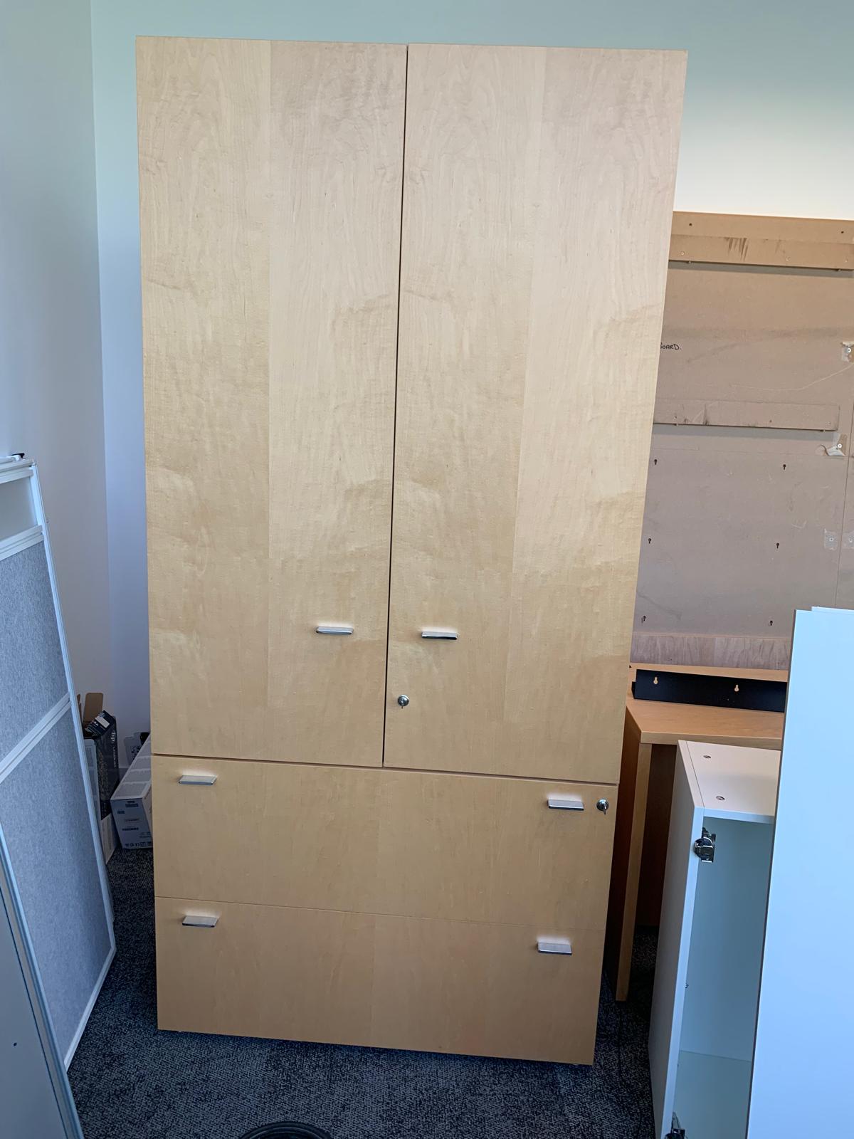 Preowned Stunning storage Office Tall Cabinet 2 drawers wood veneer finish H 209cm w  100cm D 62cm