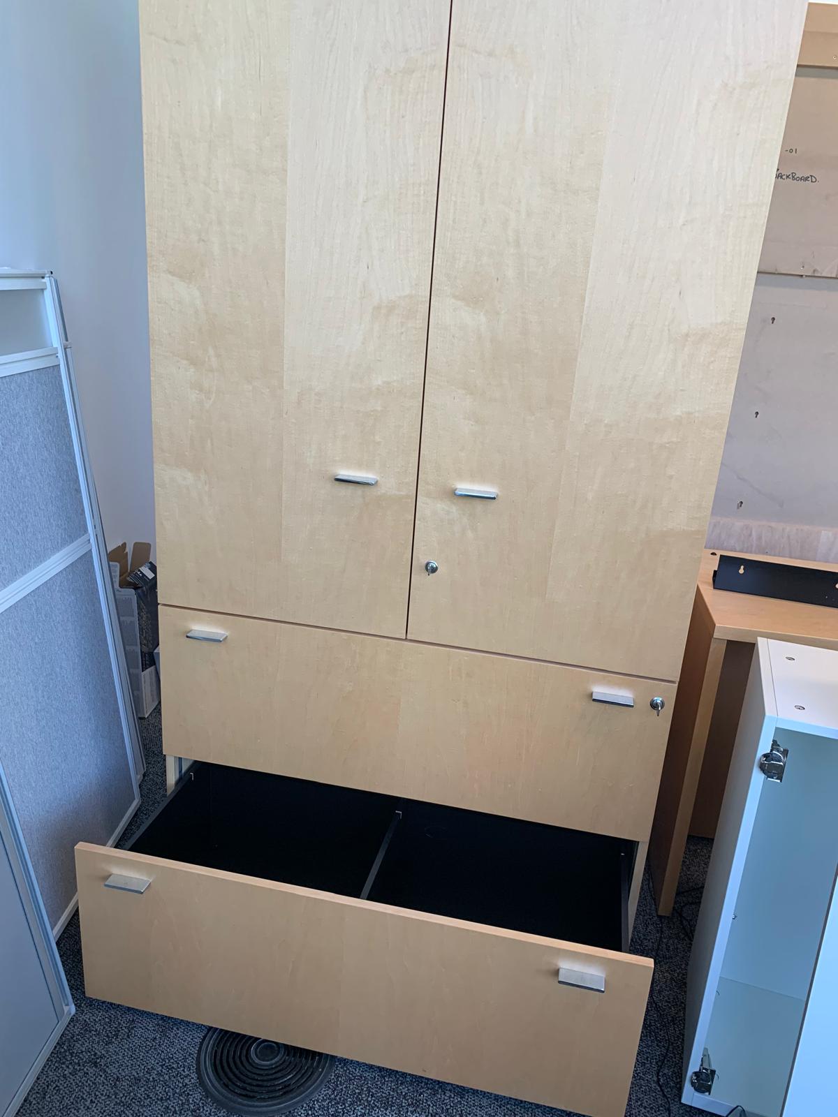 Preowned Stunning storage Office Tall Cabinet 2 drawers wood veneer finish H 209cm w  100cm D 62cm