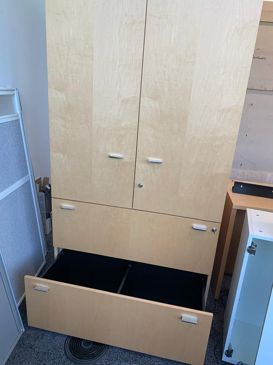 Preowned Stunning storage Office Tall Cabinet 2 drawers wood veneer finish H 209cm w  100cm D 62cm