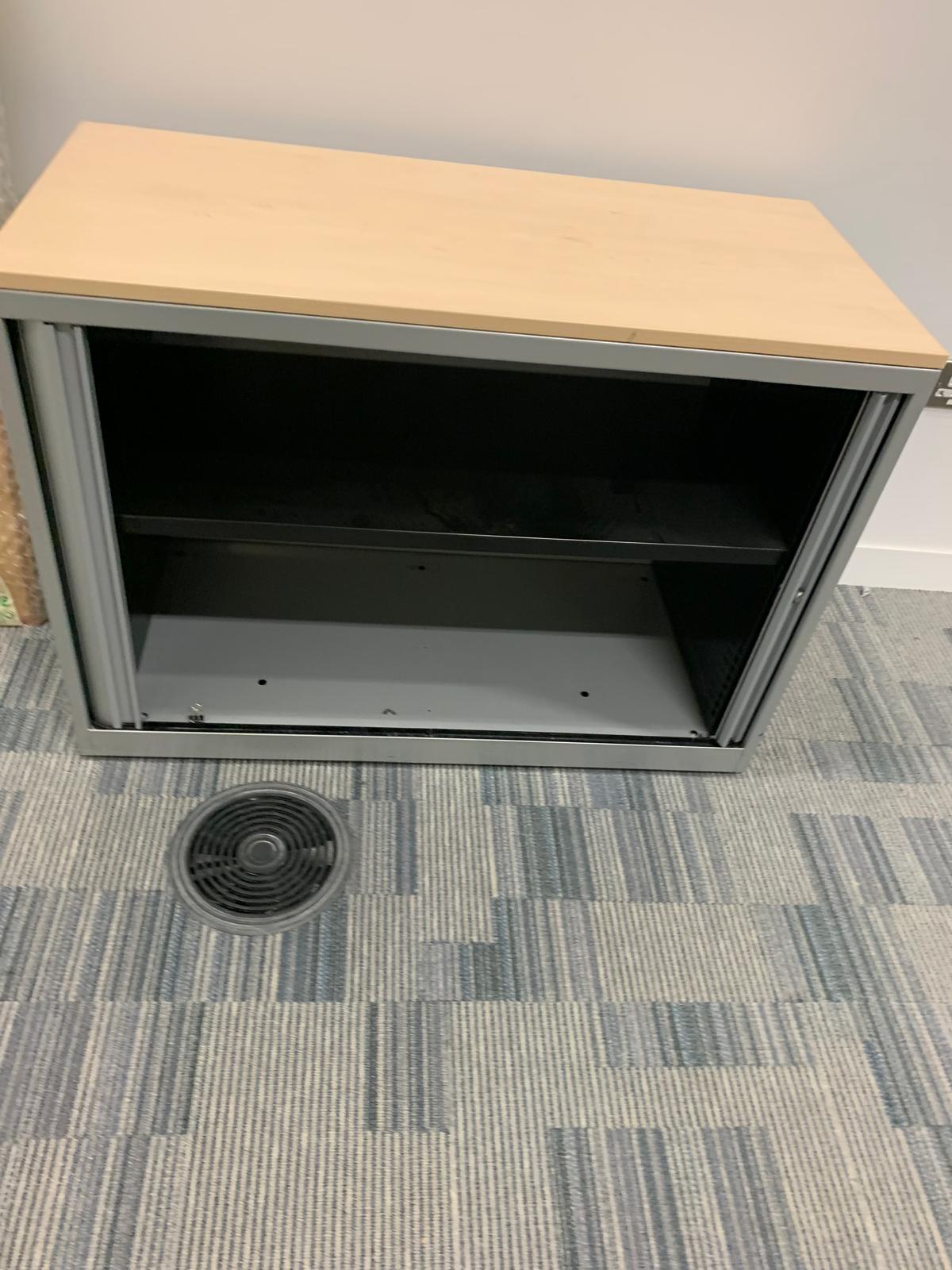 Used tambour cupboard with rolling doors and wood top office storage H 70cm W 100cm D 47cm