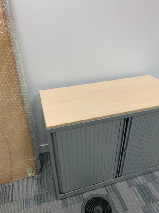 Used tambour cupboard with rolling doors and wood top office storage H 70cm W 100cm D 47cm