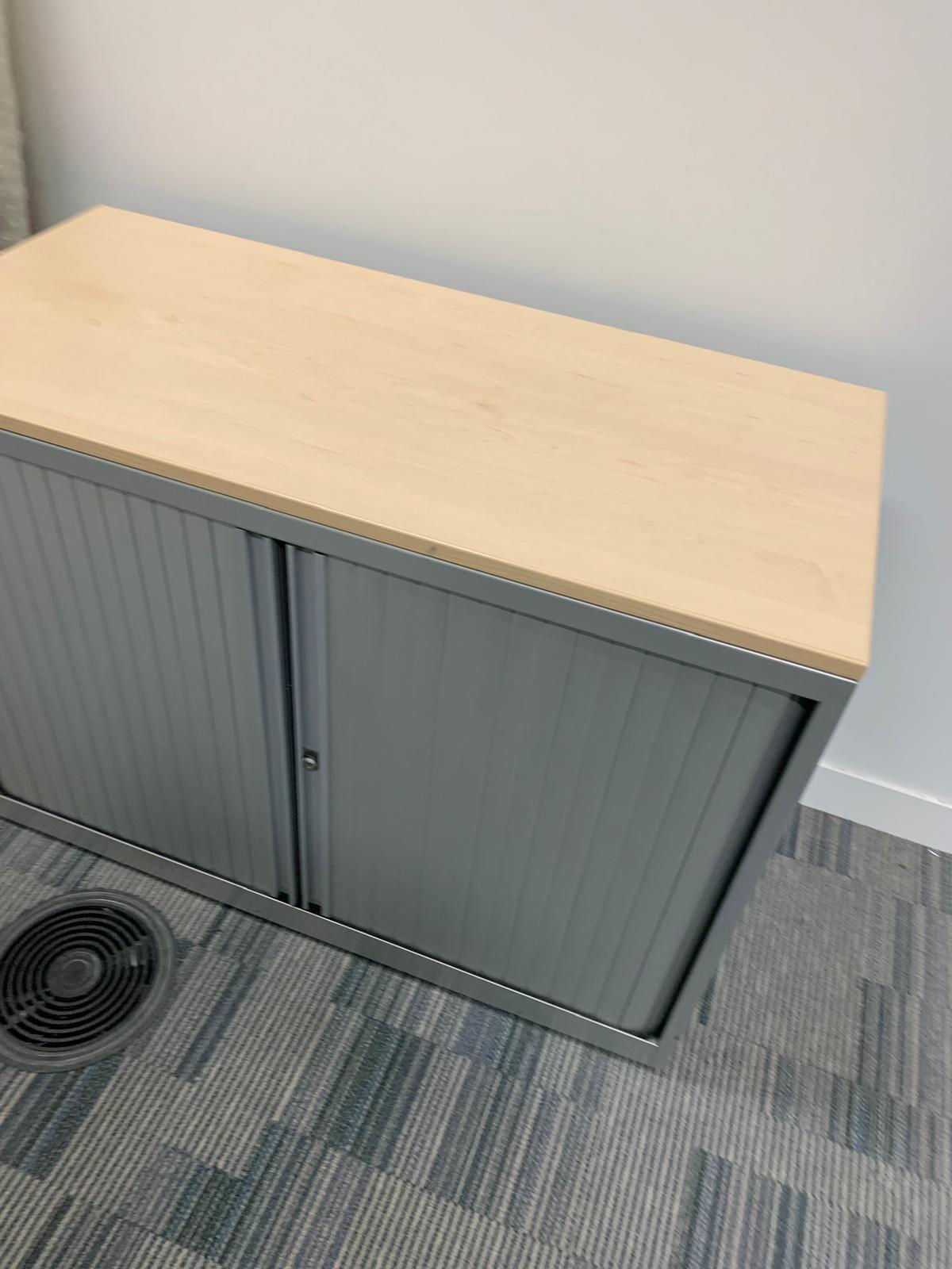 Used tambour cupboard with rolling doors and wood top office storage H 70cm W 100cm D 47cm