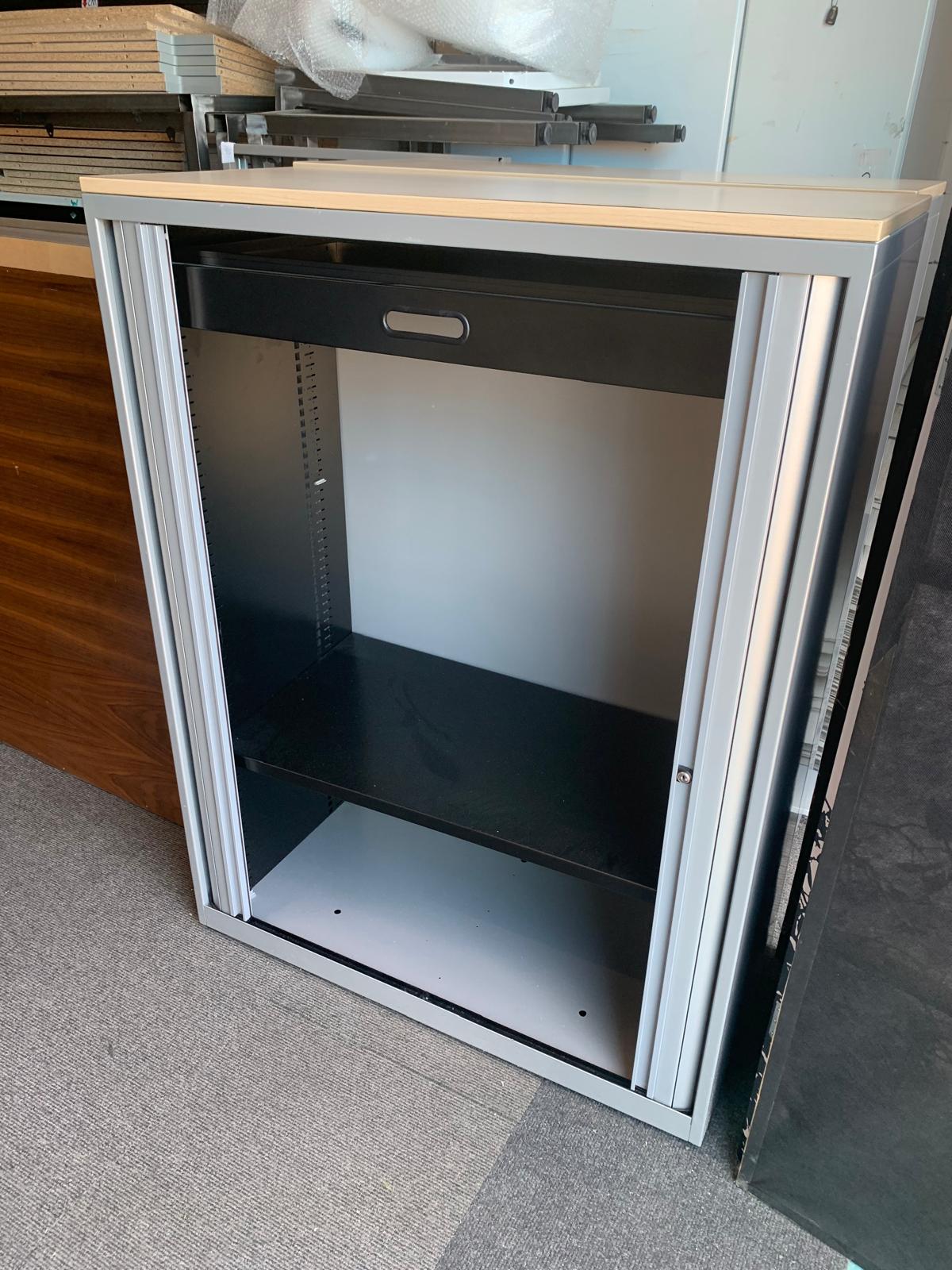 Preowned Tambour Grey Metal Medium Height Double Rolling Doors Office storage 32cm h 100cm w 47cm d