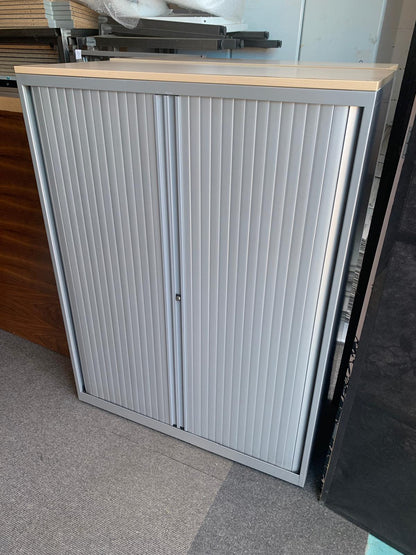 Preowned Tambour Grey Metal Medium Height Double Rolling Doors Office storage 32cm h 100cm w 47cm d