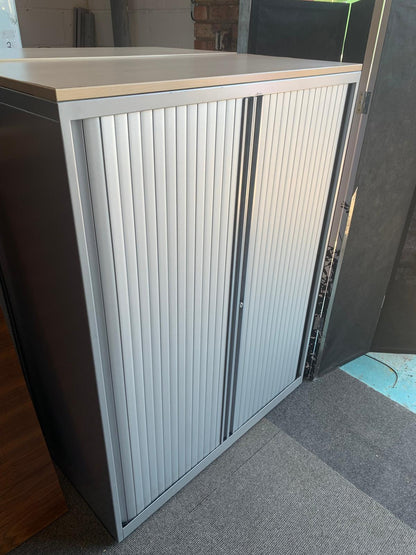 Preowned Tambour Grey Metal Medium Height Double Rolling Doors Office storage 32cm h 100cm w 47cm d