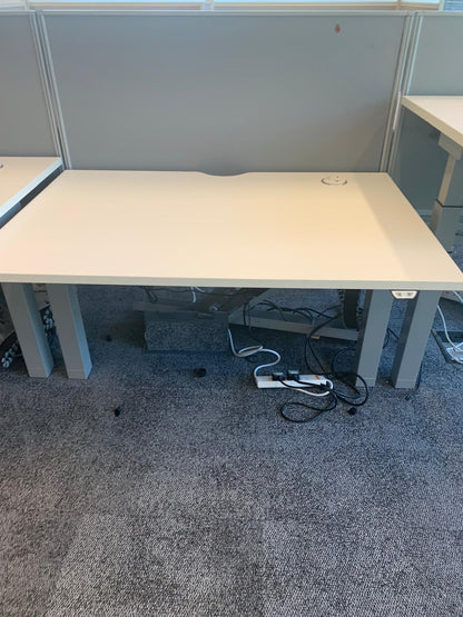 Preowned Senator white finish sit stand stand up twin electric desk 120cm w 80cm d h Highest 125cm lowest 65cm