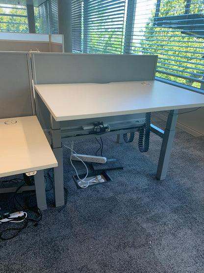 Preowned Senator white finish sit stand stand up twin electric desk 120cm w 80cm d h Highest 125cm lowest 65cm