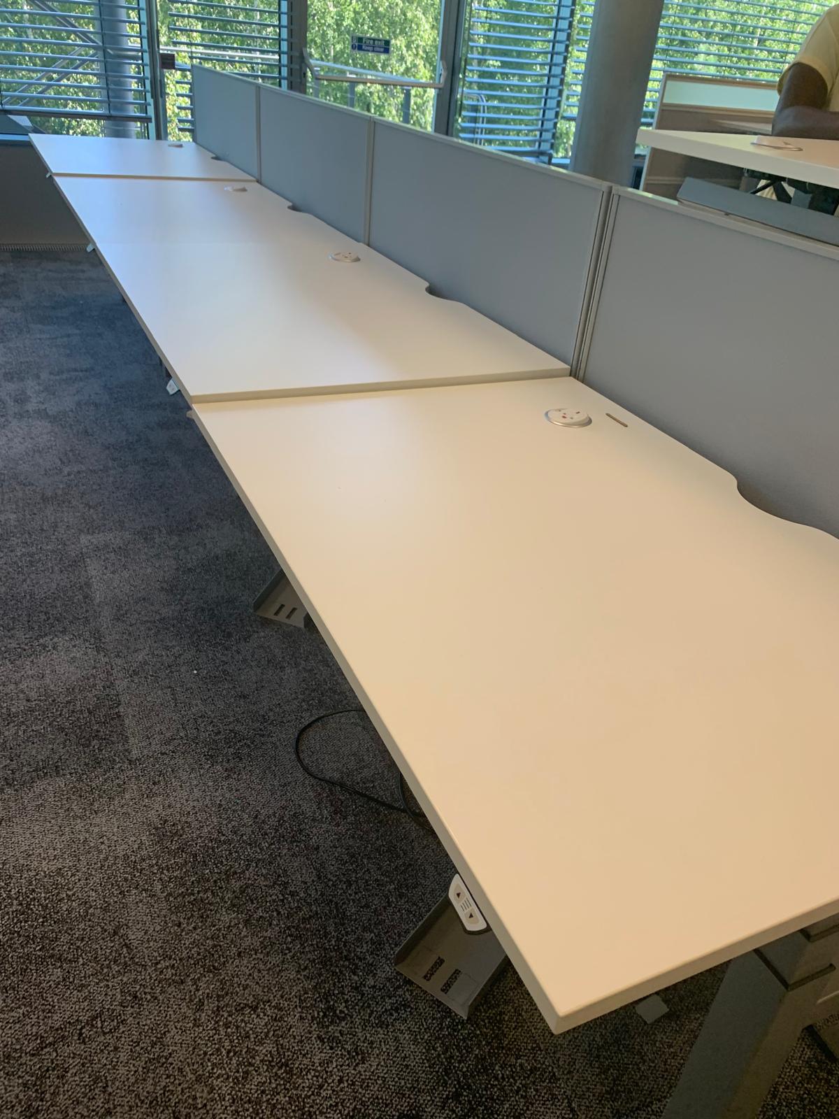 Preowned Senator white finish sit stand stand up twin electric desk 120cm w 80cm d h Highest 125cm lowest 65cm