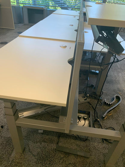 Preowned Senator white finish sit stand stand up twin electric desk 120cm w 80cm d h Highest 125cm lowest 65cm