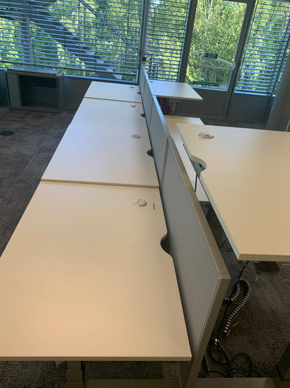 Preowned Senator white finish sit stand stand up twin electric desk 120cm w 80cm d h Highest 125cm lowest 65cm