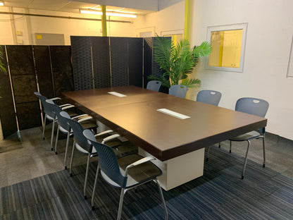 Used 2 Walnut and White Extra Large Wood Finish Square Cube Base  Office Meeting Conference Boardroom Table 280cm x 140cm