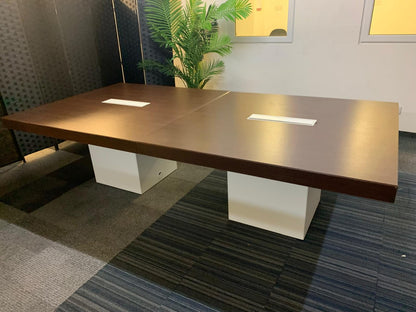 Used 2 Walnut and White Extra Large Wood Finish Square Cube Base  Office Meeting Conference Boardroom Table 280cm x 140cm