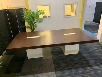 Used 2 Walnut and White Extra Large Wood Finish Square Cube Base  Office Meeting Conference Boardroom Table 280cm x 140cm