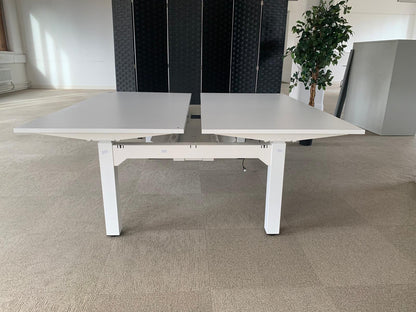 White 2 seater office electric sit stand desk, height adjustable, 2 pod Table