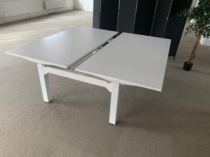White 2 seater office electric sit stand desk, height adjustable, 2 pod Table