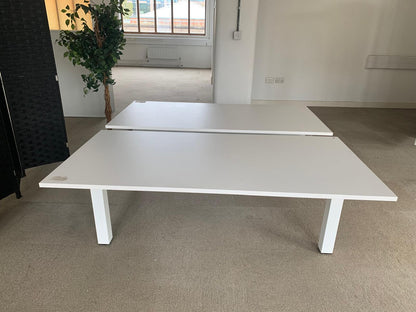 White 2 seater office electric sit stand desk, height adjustable, 2 pod Table