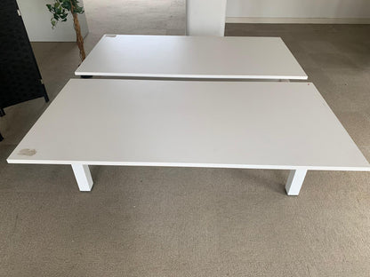 White 2 seater office electric sit stand desk, height adjustable, 2 pod Table