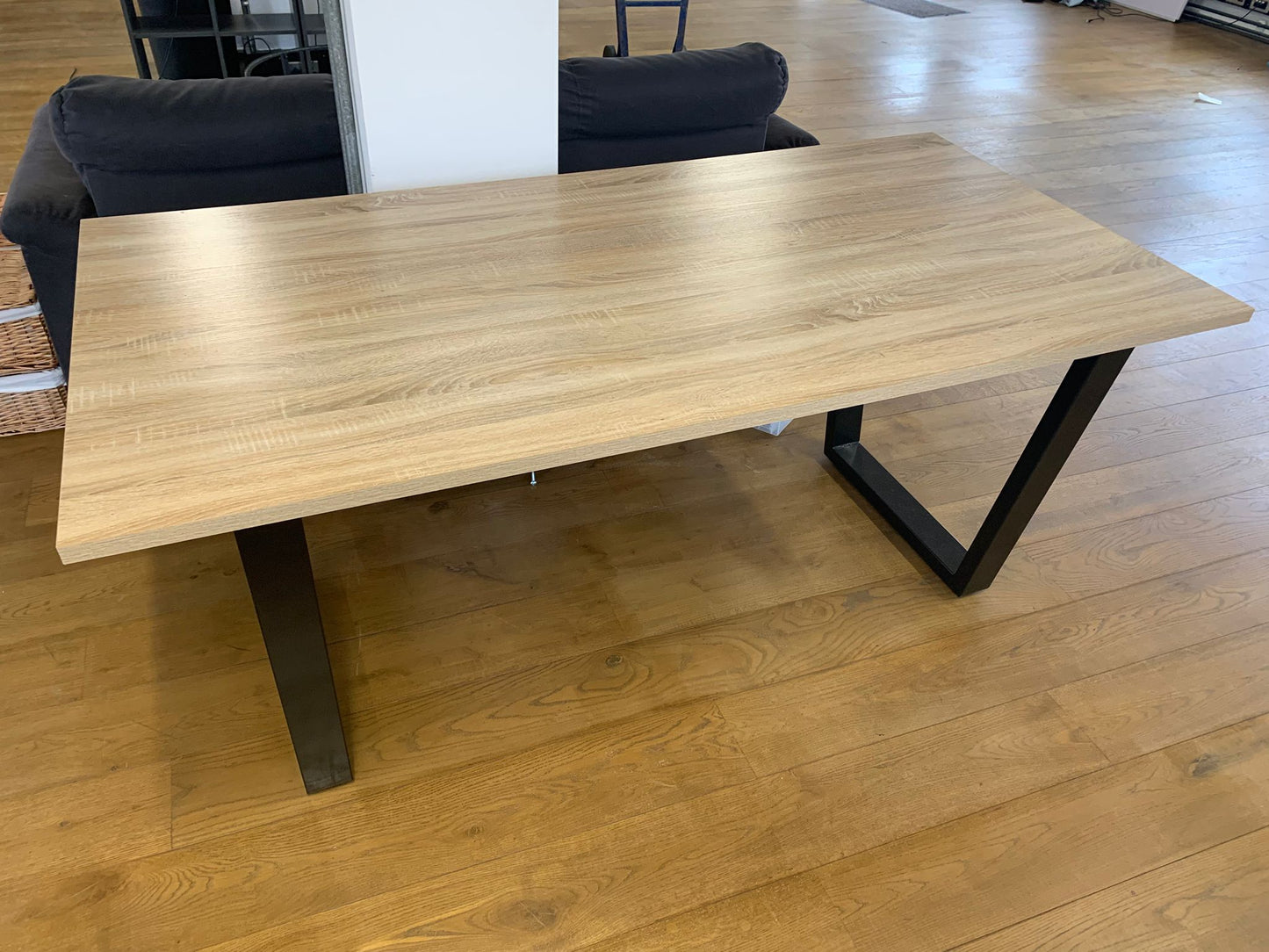 Used Wood Oak Office Desk Table With Black Industrial Legs Square legs Dining table. £399