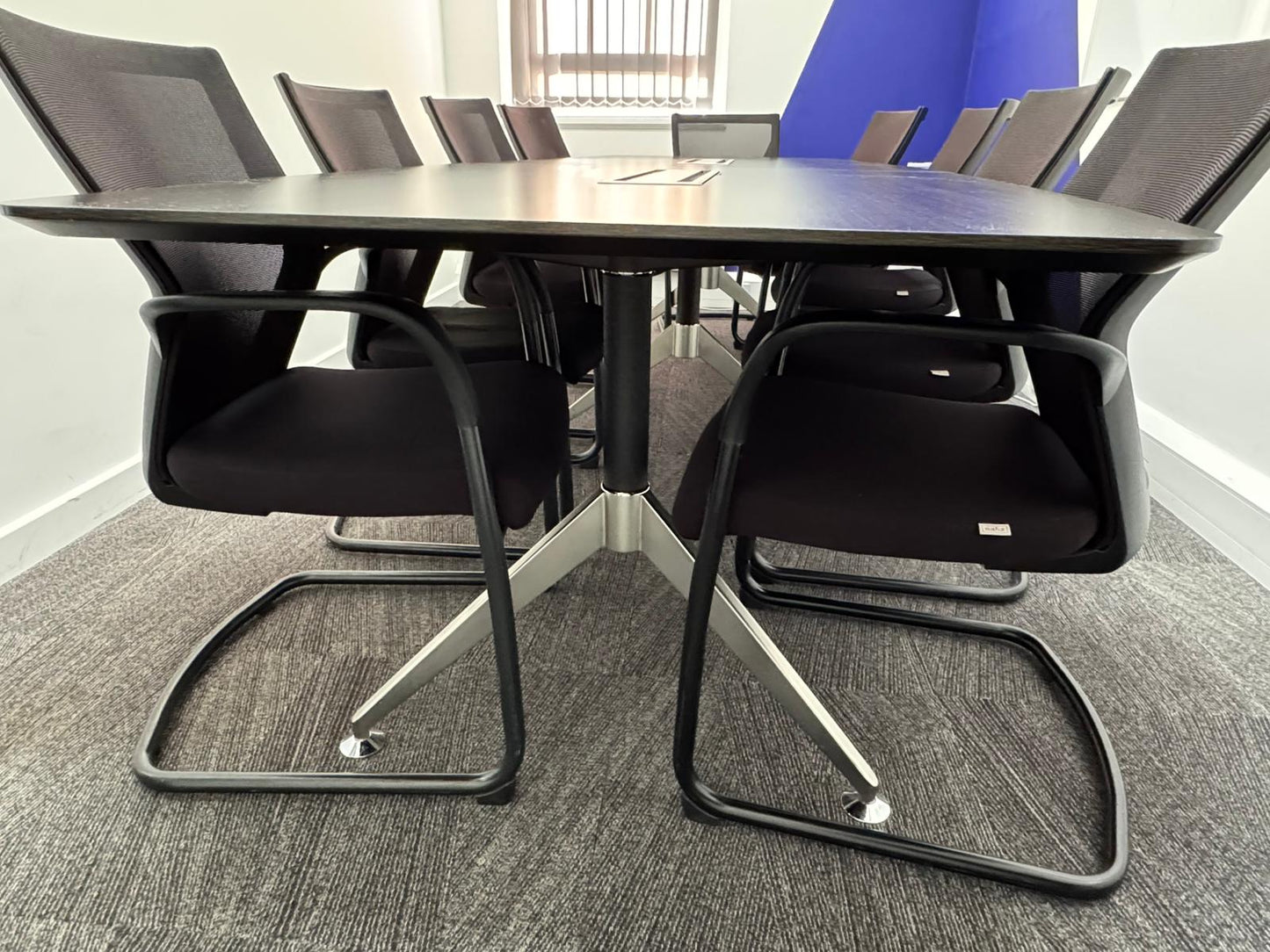 Used Office Boardroom Meeting Table Anthracite chrome Comms Boxes plus 10 x Chairs 304cm x 120xm