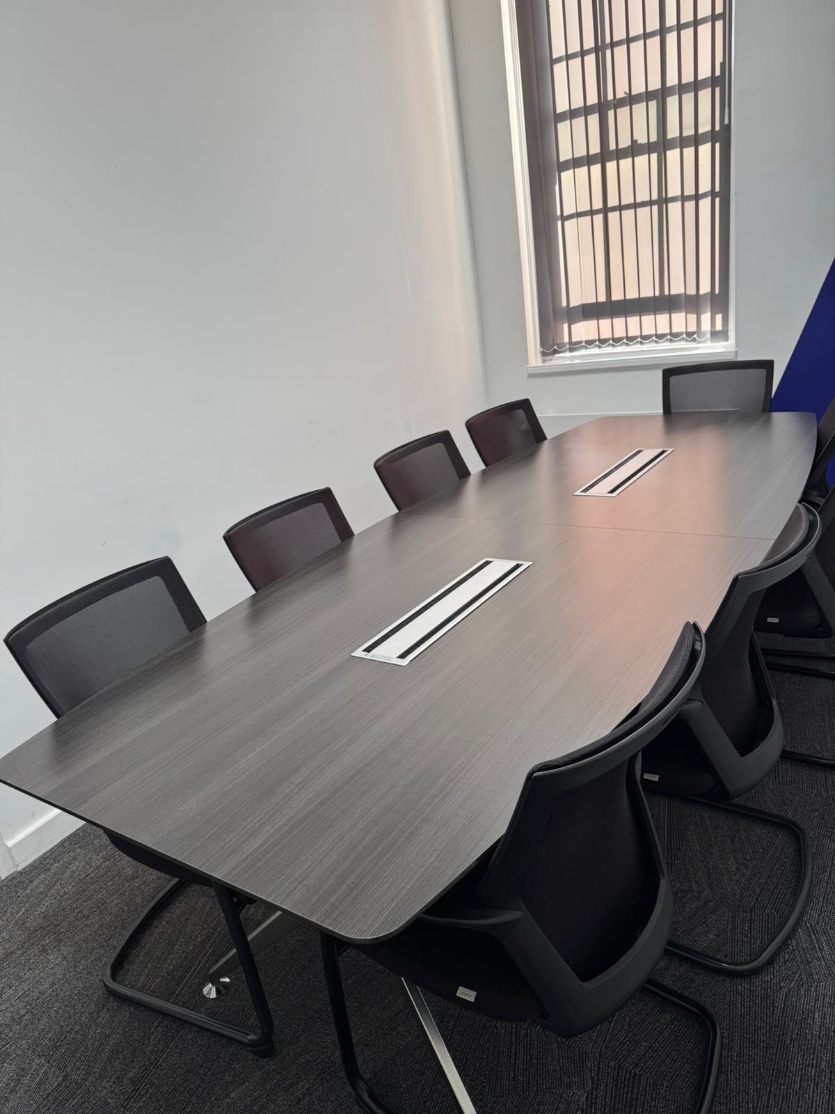 Used Office Boardroom Meeting Table Anthracite chrome Comms Boxes plus 10 x Chairs 304cm x 120xm