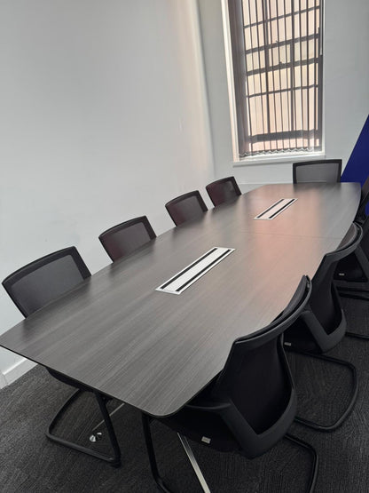 Used Office Boardroom Meeting Table Anthracite chrome Comms Boxes plus 10 x Chairs 304cm x 120xm