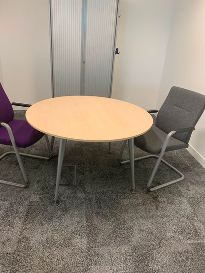 Second hand Herman miller office breakout circular metal legs maple top table 100cm diameter