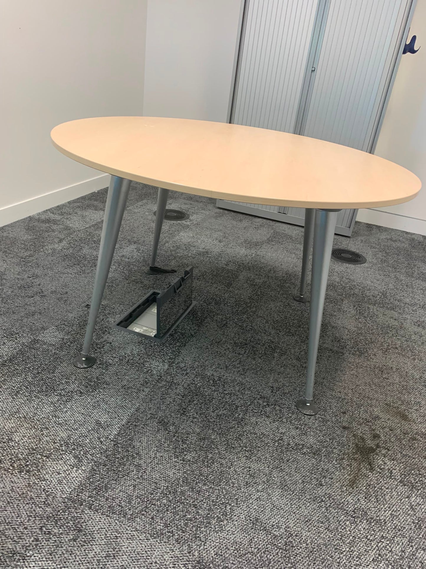 Second hand Herman miller office breakout circular metal legs maple top table 100cm diameter