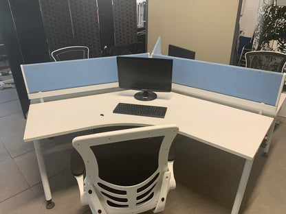 Herman Miller Three person office bench desk in white, 3 seater arc table