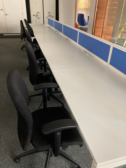 White 10-seater office bench desk 600cm x 160cm