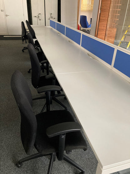 White 10-seater office bench desk 600cm x 160cm