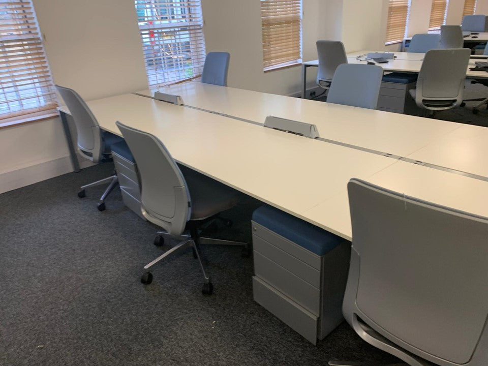 Office bench desk sysem and blue desk chairs