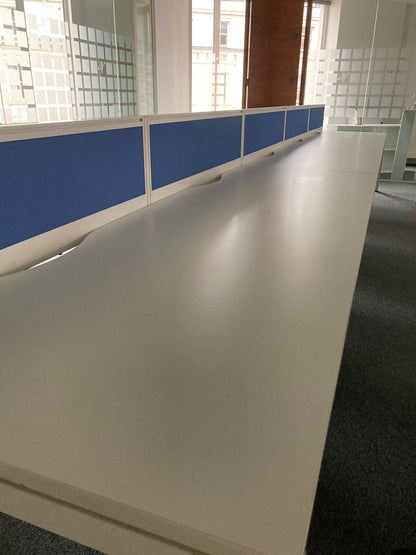 White 10-seater office bench desk 600cm x 160cm