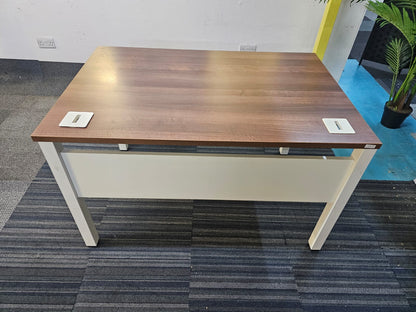 Walnut finish study desk with contrasting white legs and modesty panel 120cm x 80cm