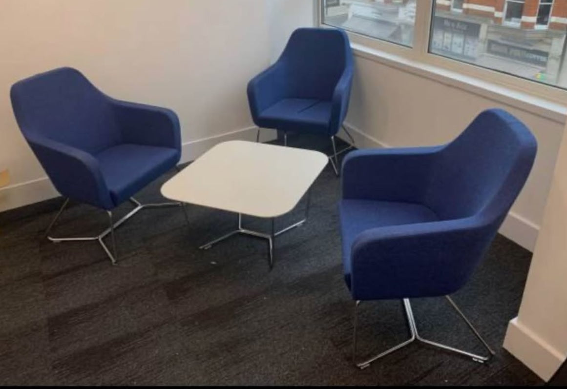 Used armchair Blue  wraparound acoustic low back chair seating reception office with chrome skid frame