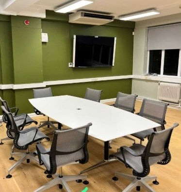 Used office boardroom conference meeting training white boat shaped table 240cm x122cm