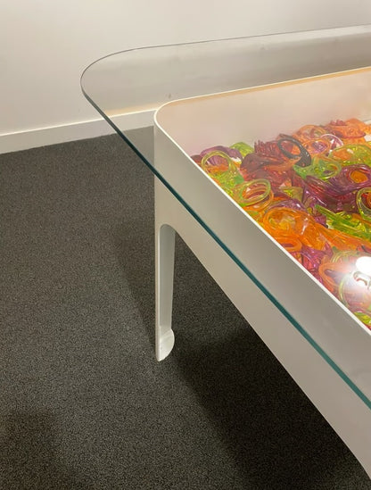 Modern white boardroom meeting conference table glass top 140cm w x 225cm d x 73cm h