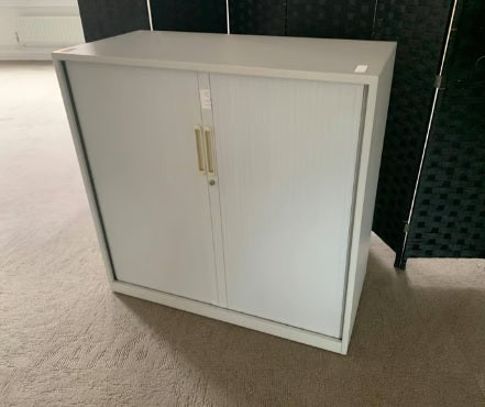 Used Grey office cabinet storage rolling door unit two door W= 100cm D=48cm H=98cm