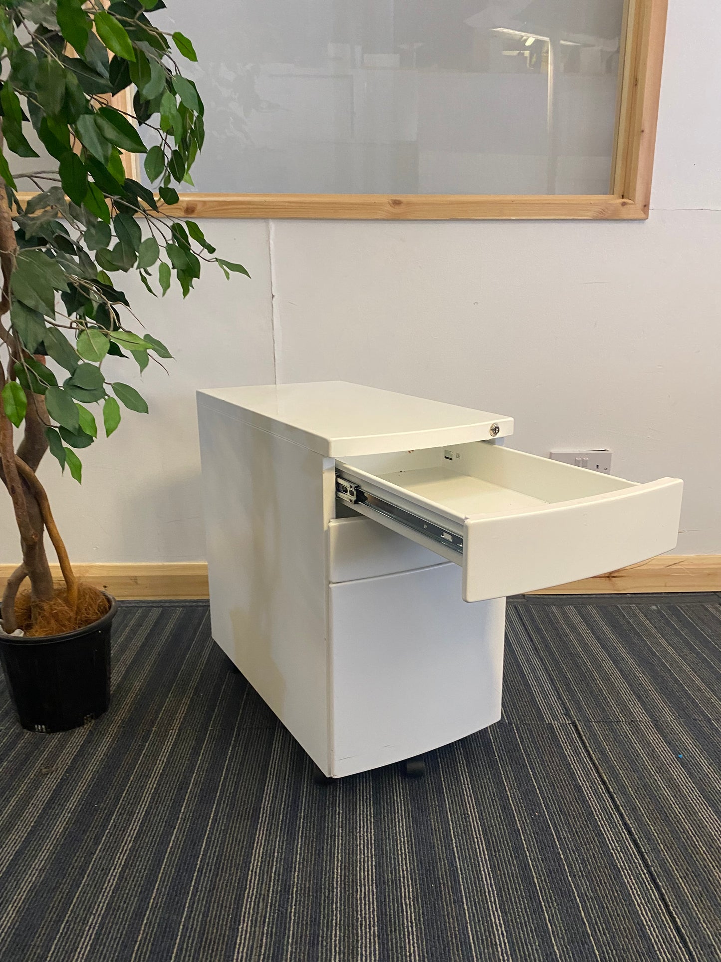 Left, tall green plant, centre, White storage unit, with open top drawer